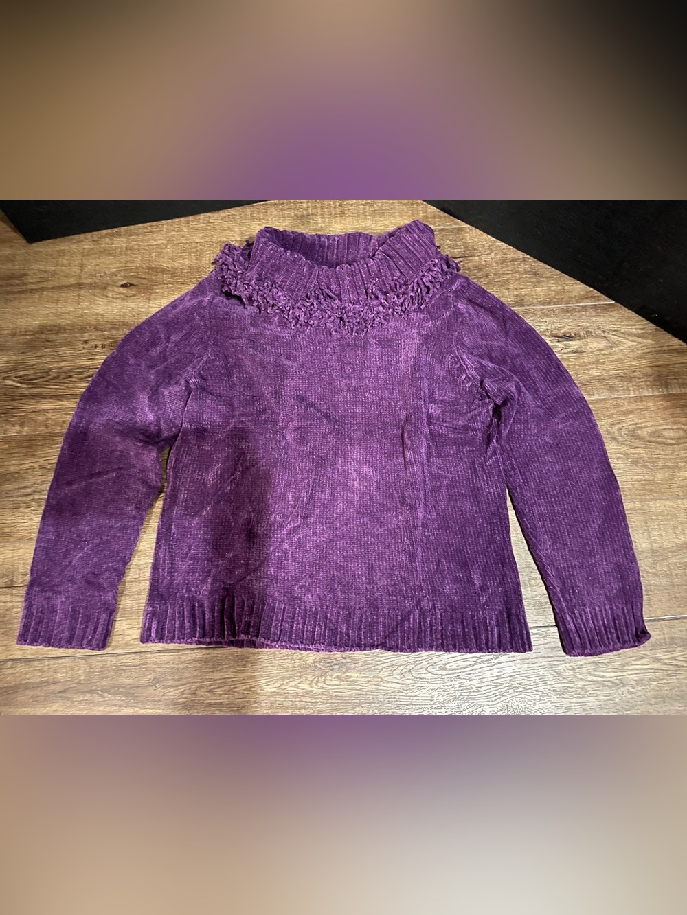 Cozy Fringe Turtleneck Sweater - Purple- size Medium